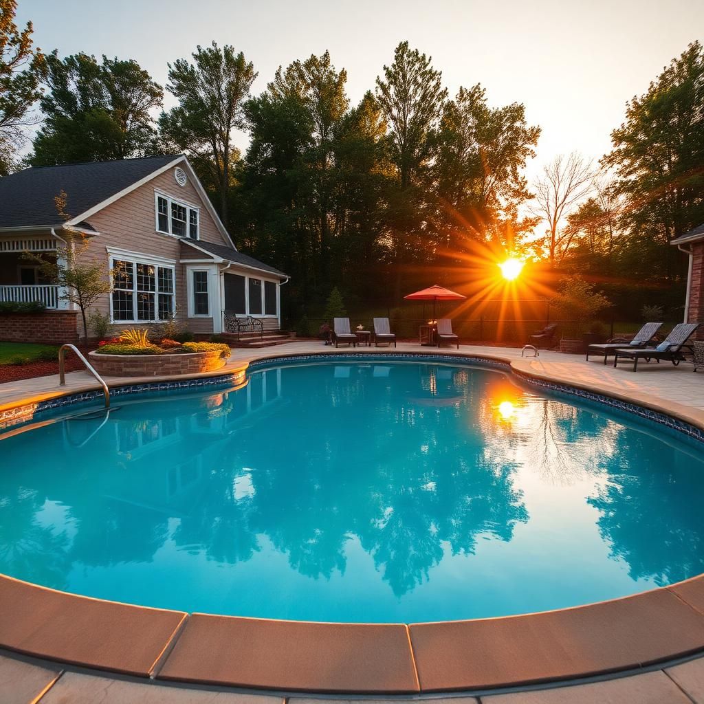 Clarksville, TN backyard pool at golden hour Crystal clear inground pool at golden hour in a Clarksville, TN backyard maintained by Clarksville Pool & Leisure