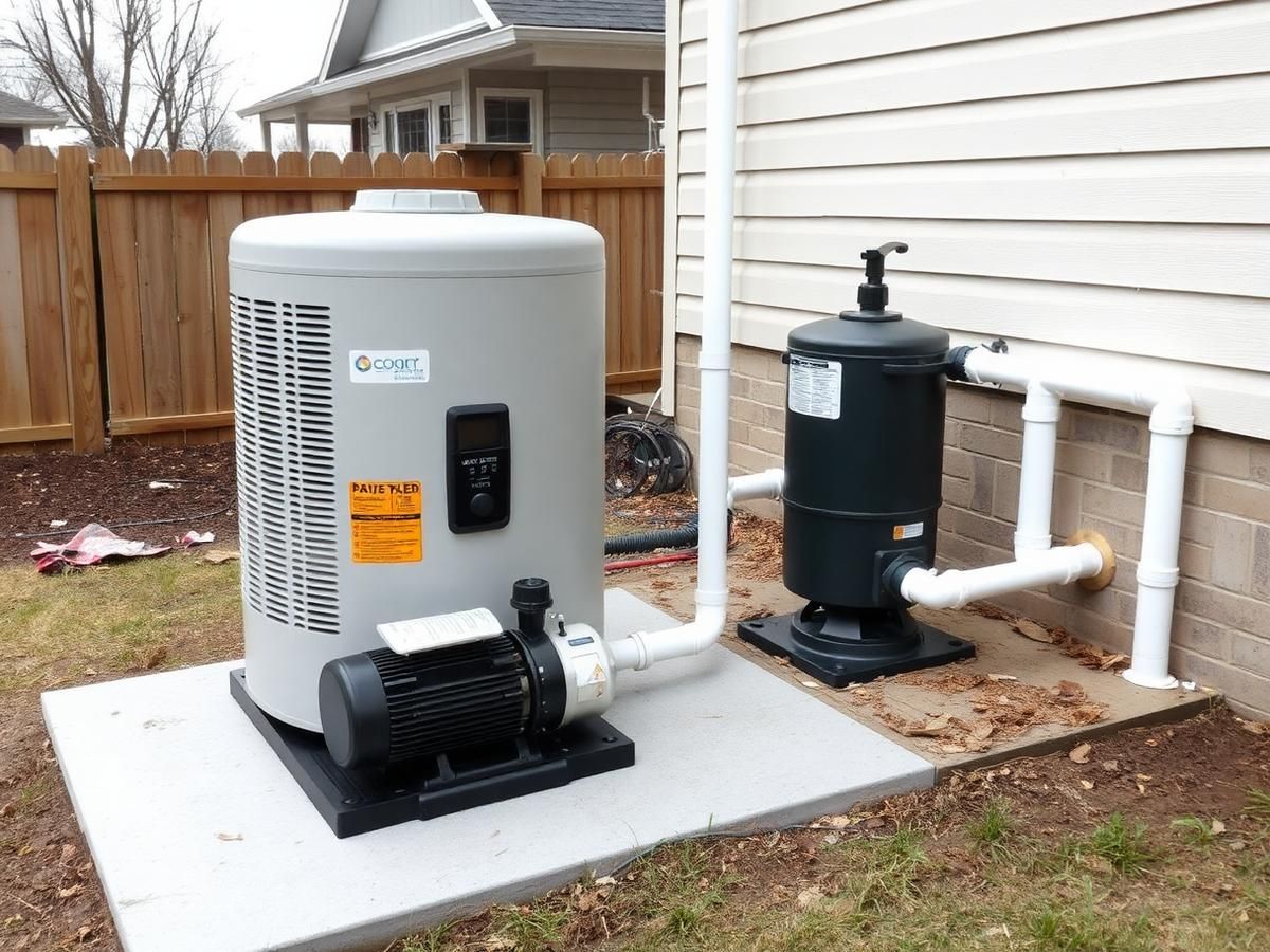 Newly installed pool heater and variable-speed pump on a clean concrete equipment pad in Middle Tennessee