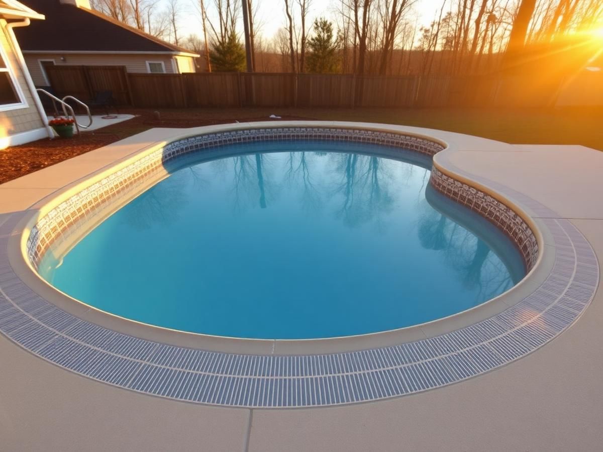 Completed in-ground vinyl liner pool filled with clear blue water at golden hour in Middle Tennessee