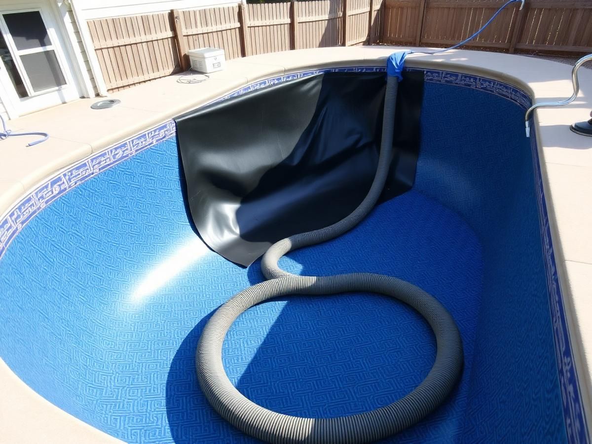 New in-ground vinyl pool liner being set with a vacuum hose during installation in Middle Tennessee