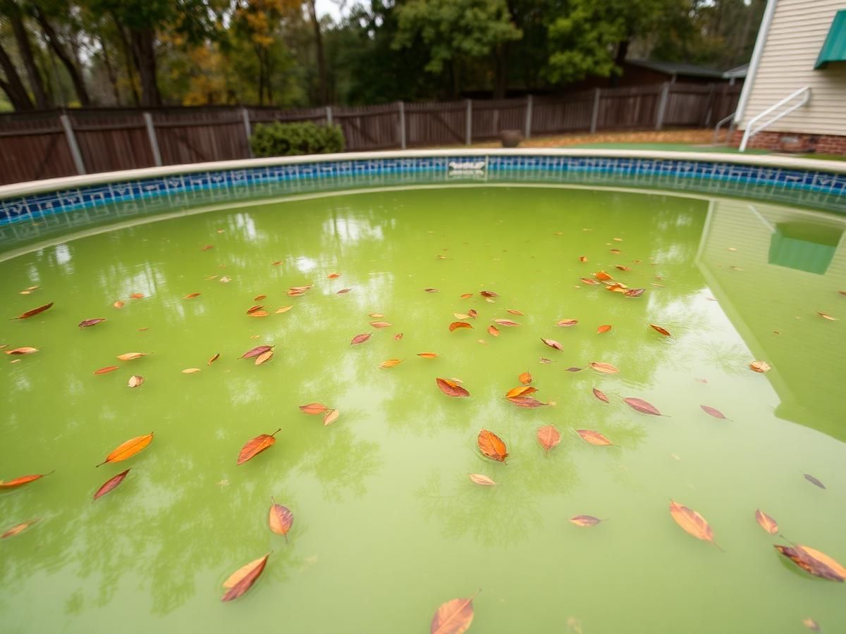 Green, leaf-filled backyard in-ground pool before professional cleaning by Clarksville Pool & Leisure