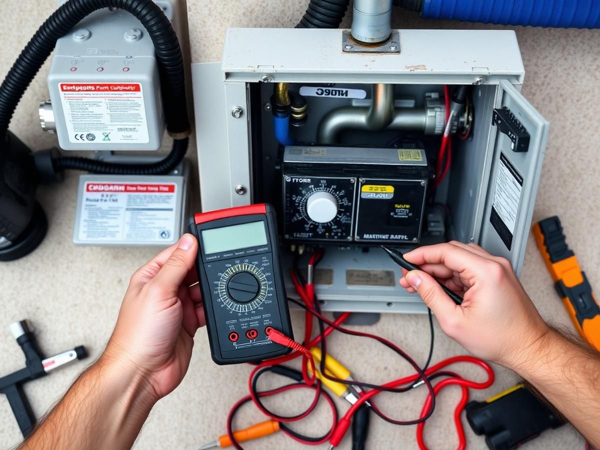 Technician using a multimeter to diagnose a pool pump control panel during an authorized warranty repair