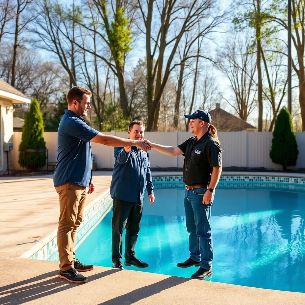 Pool partner for Clarksville, TN realtors and property managers Clarksville Pool & Leisure technician meeting with a realtor beside a clean inground pool in Clarksville, TN