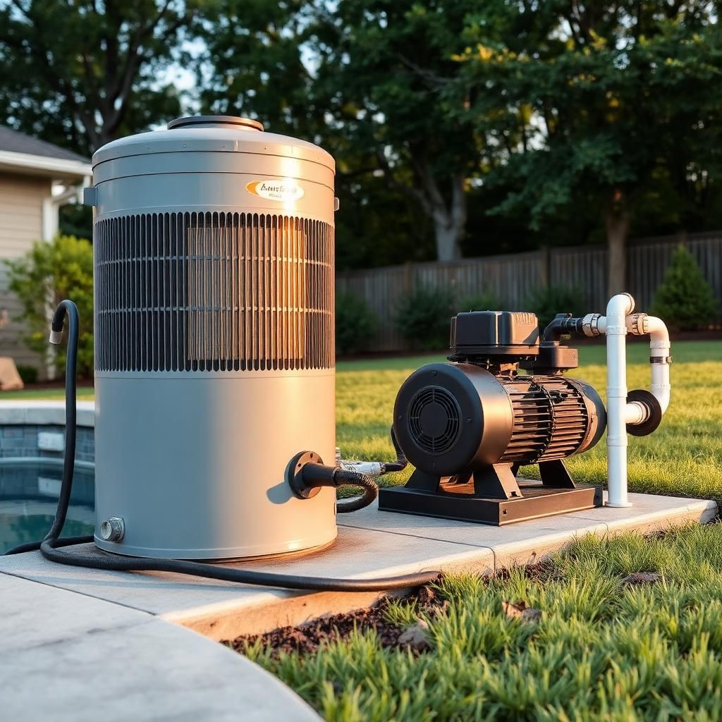 Natural gas pool heater and variable-speed pump installed on a concrete equipment pad at a Clarksville, TN backyard pool