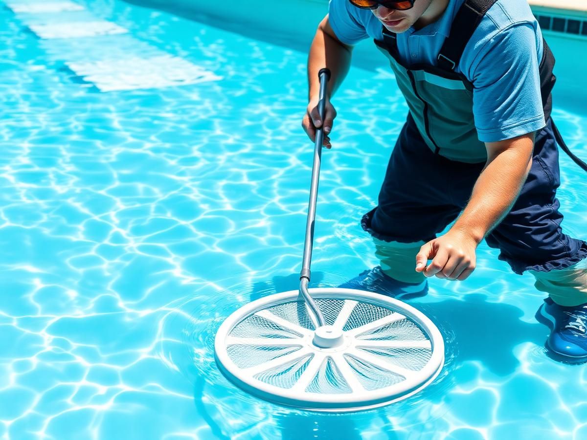 Pool technician skimming a clean backyard inground pool during a weekly maintenance visit in Clarksville, TN