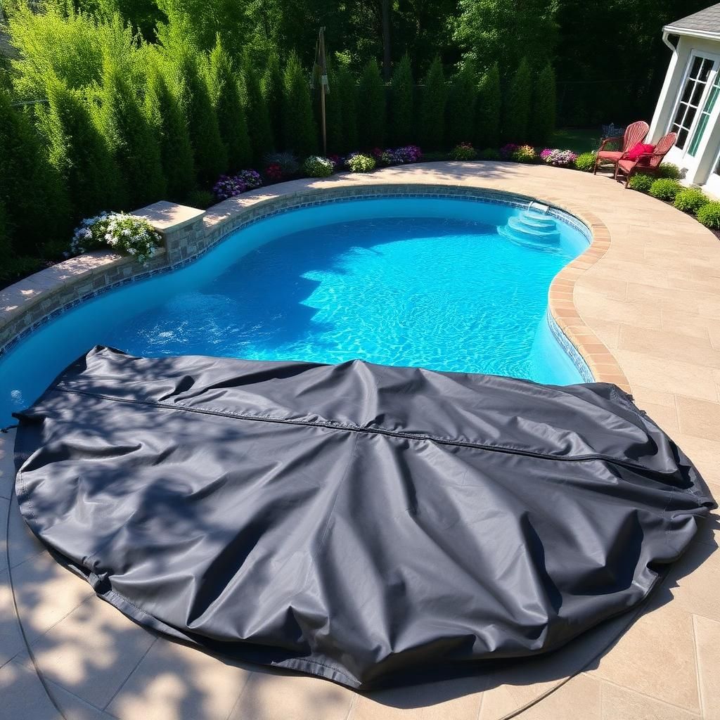 Backyard inground pool being opened for the spring season with a safety cover partially removed in Clarksville, TN