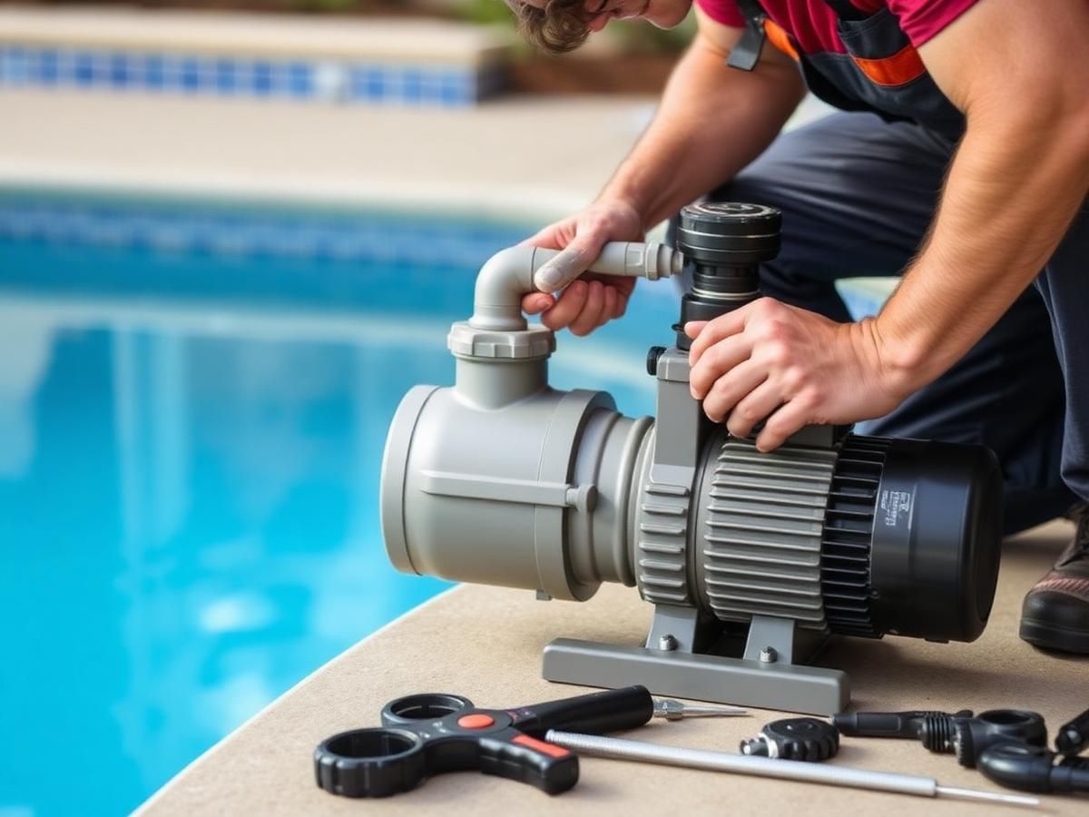 Pool pump, filter, and equipment being serviced by a Clarksville Pool & Leisure technician