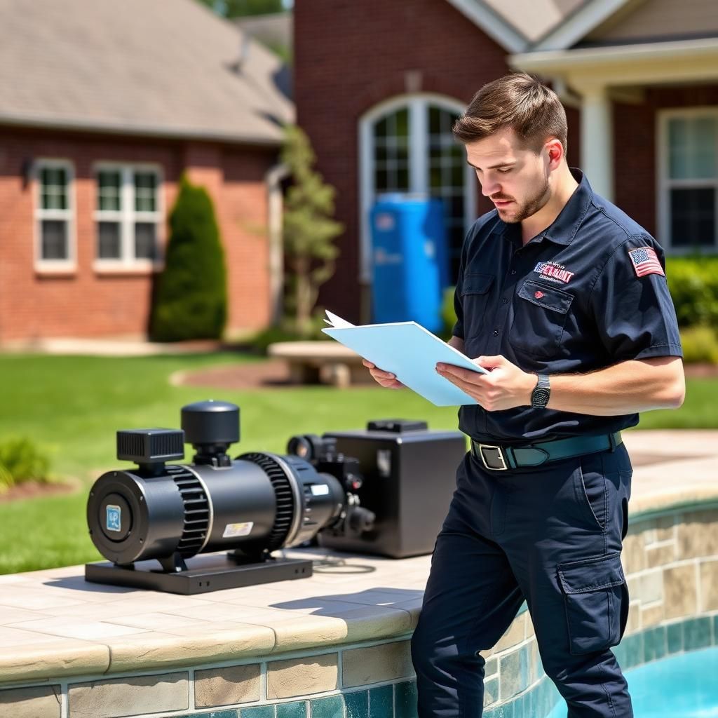 Clarksville Pool & Leisure technician inspecting pool equipment under manufacturer warranty at a Clarksville, TN backyard pool